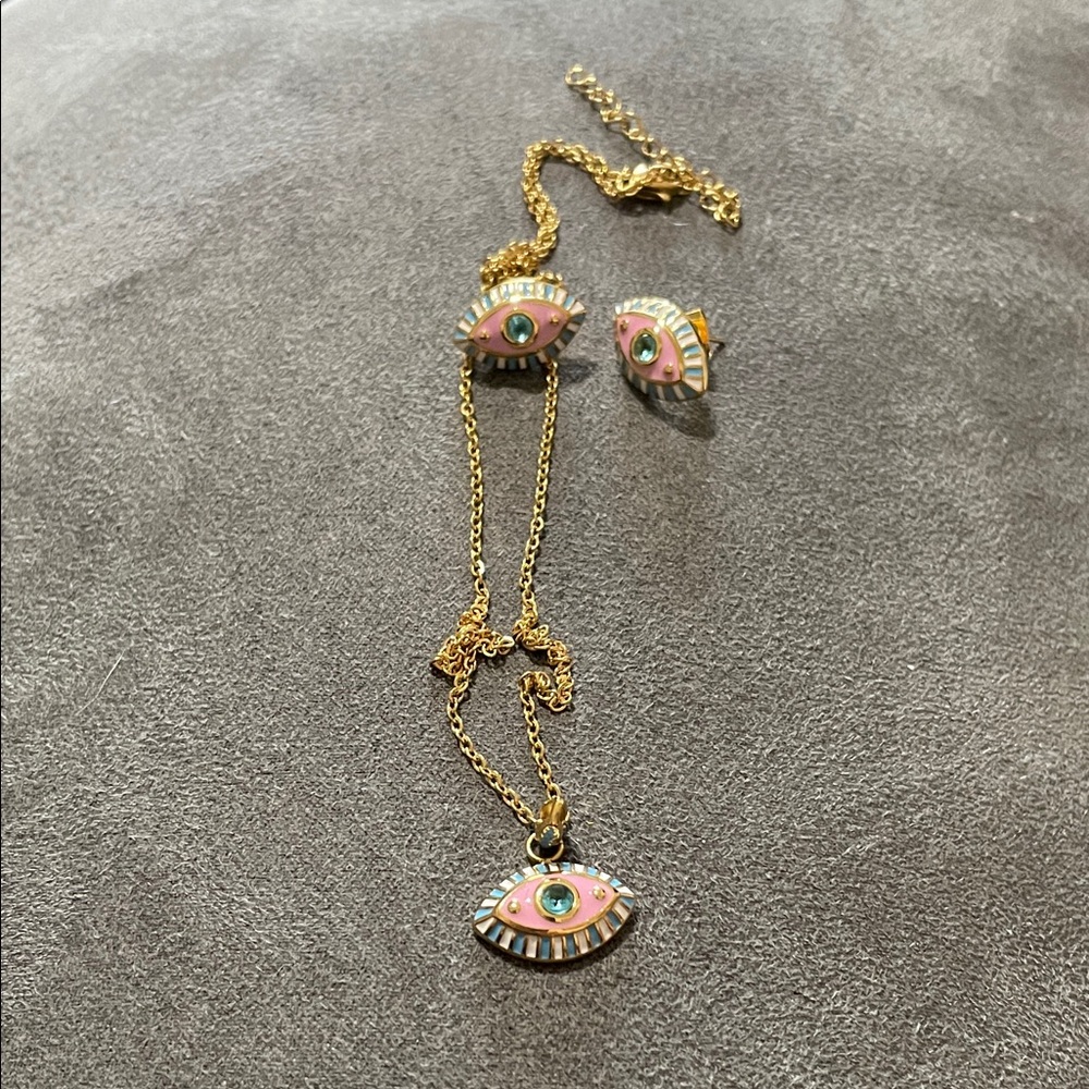 RAMLA Gold Eye Pendant Necklace and Earring Set with Pink and Green Accents